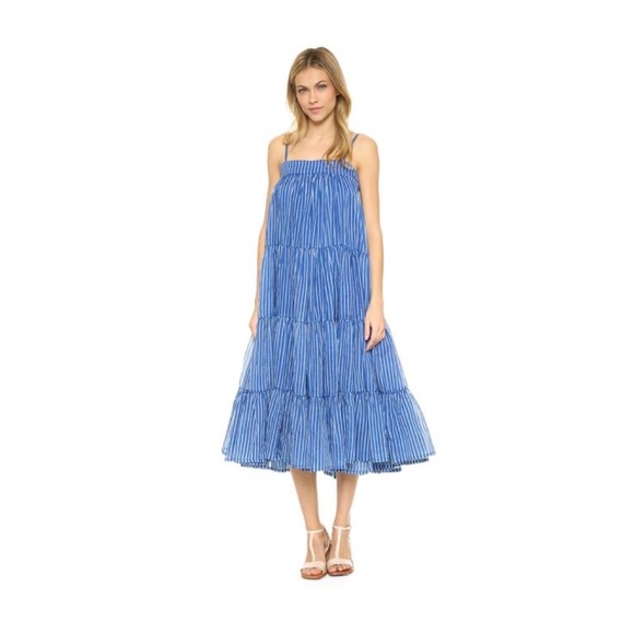 Mes Demoiselles Eva Paris Stripe Tiered Maxi Midi Dress in Blue & White - Picture 2 of 8